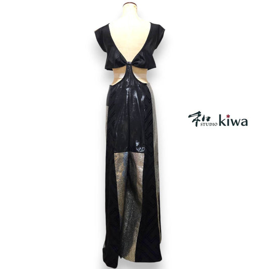 コレクションドレス オールインワンねじれパンツ 帯 羽織 黒×シルバーラメ入りのオールインワンねじれパンツ