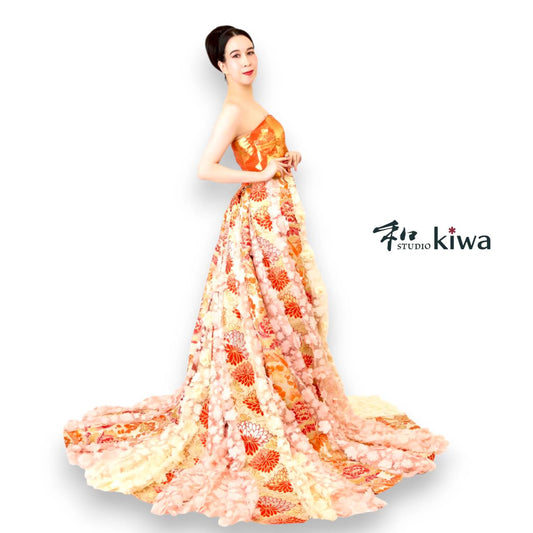 コレクションドレス ビスチェドレス 袋帯 半幅帯 羽織 オレンジと花レースのビスチェドレス