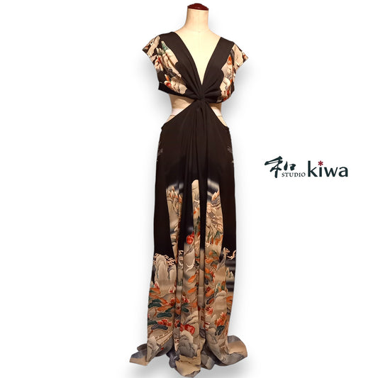 コレクションドレス　　オールインワンねじれパンツ　留袖　黒風景文様のオールインワンねじれパンツ