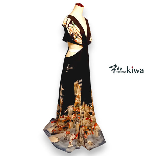 コレクションドレス　　オールインワンねじれパンツ　留袖　黒風景文様のオールインワンねじれパンツ