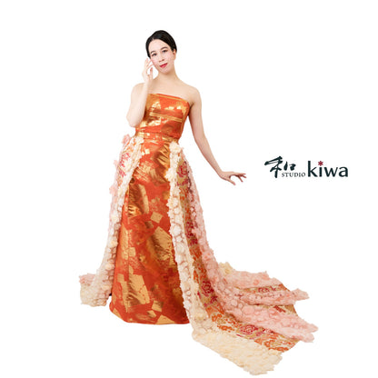 コレクションドレス　　ビスチェドレス　袋帯　半幅帯　羽織　オレンジと花レースのビスチェドレス