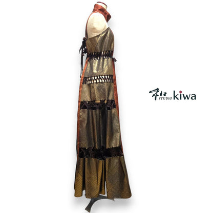 コレクションドレス　　ドロンワークワンピース　帯　　朱ゴールドのドロンワークワンピース