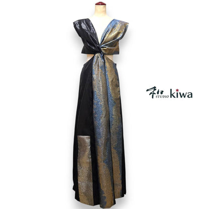 コレクションドレス　　オールインワンねじれパンツ　帯　羽織　黒×シルバーラメ入りのオールインワンねじれパンツ