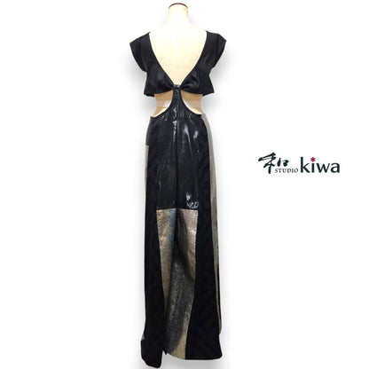 コレクションドレス　　オールインワンねじれパンツ　帯　羽織　黒×シルバーラメ入りのオールインワンねじれパンツ