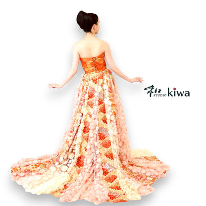 コレクションドレス　　ビスチェドレス　袋帯　半幅帯　羽織　オレンジと花レースのビスチェドレス