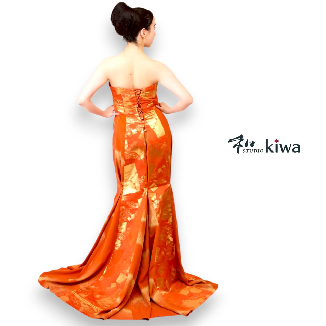 コレクションドレス　　ビスチェドレス　袋帯　半幅帯　羽織　オレンジと花レースのビスチェドレス