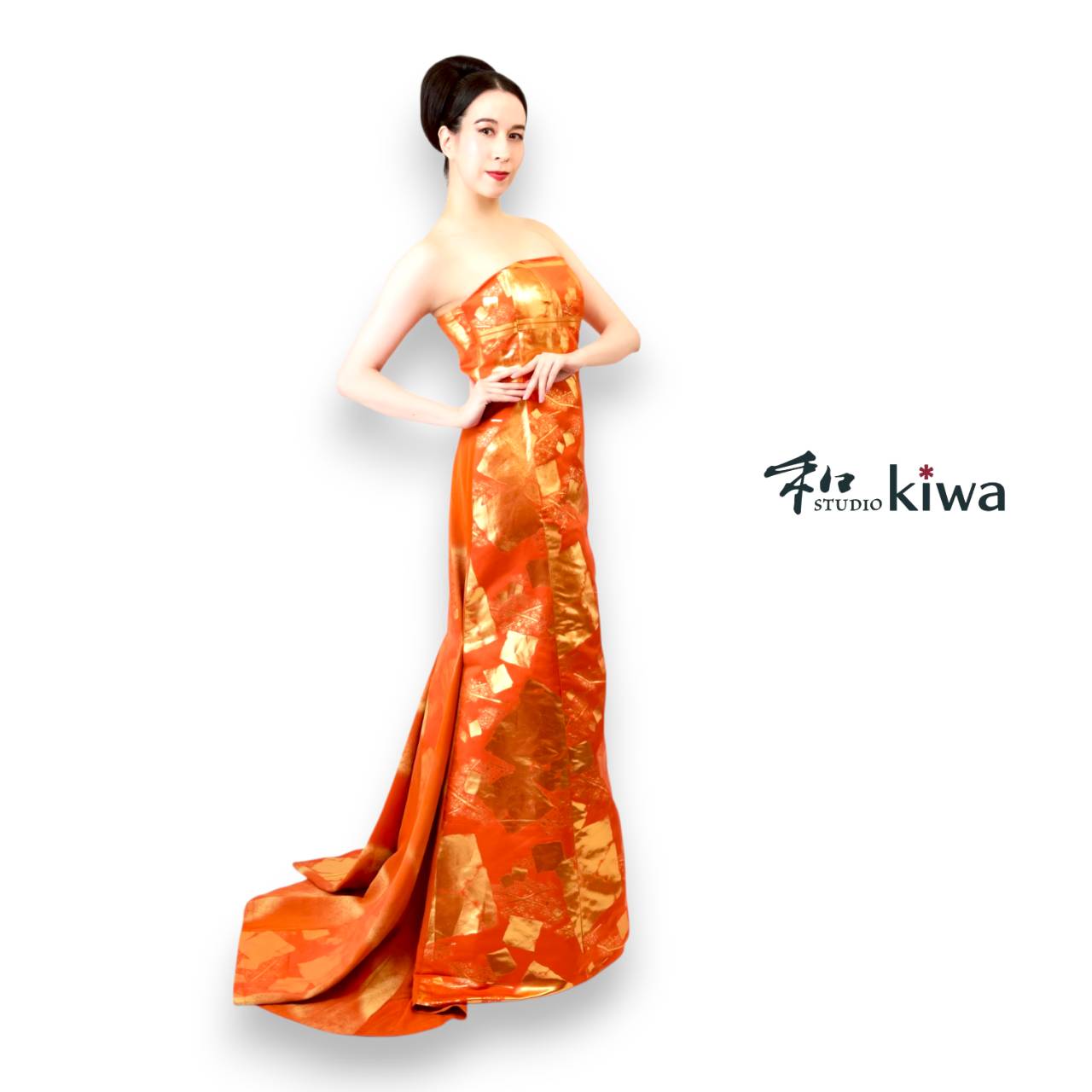 コレクションドレス　　ビスチェドレス　袋帯　半幅帯　羽織　オレンジと花レースのビスチェドレス