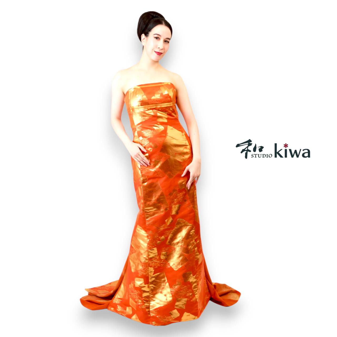 コレクションドレス　　ビスチェドレス　袋帯　半幅帯　羽織　オレンジと花レースのビスチェドレス