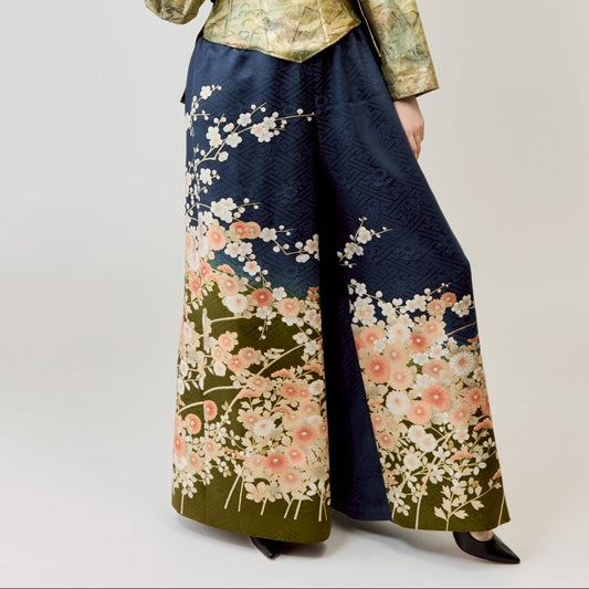 花柄青緑フレアパンツ｜振袖・花柄青緑グラデーション