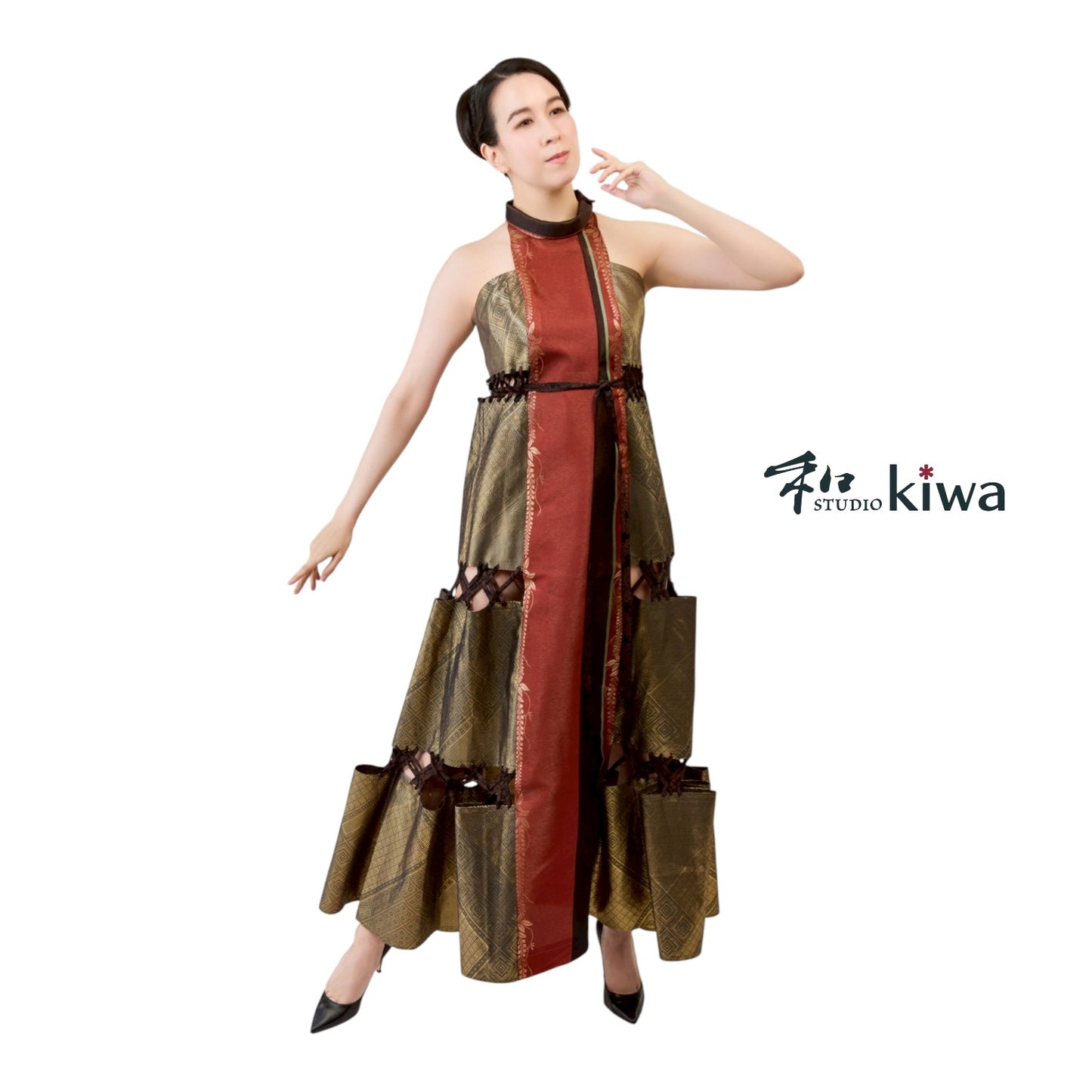 コレクションドレス　　ドロンワークワンピース　帯　　朱ゴールドのドロンワークワンピース