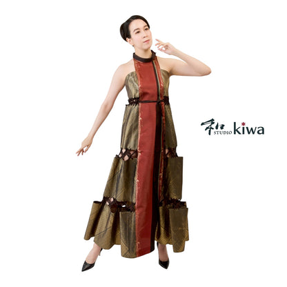 コレクションドレス　　ドロンワークワンピース　帯　　朱ゴールドのドロンワークワンピース